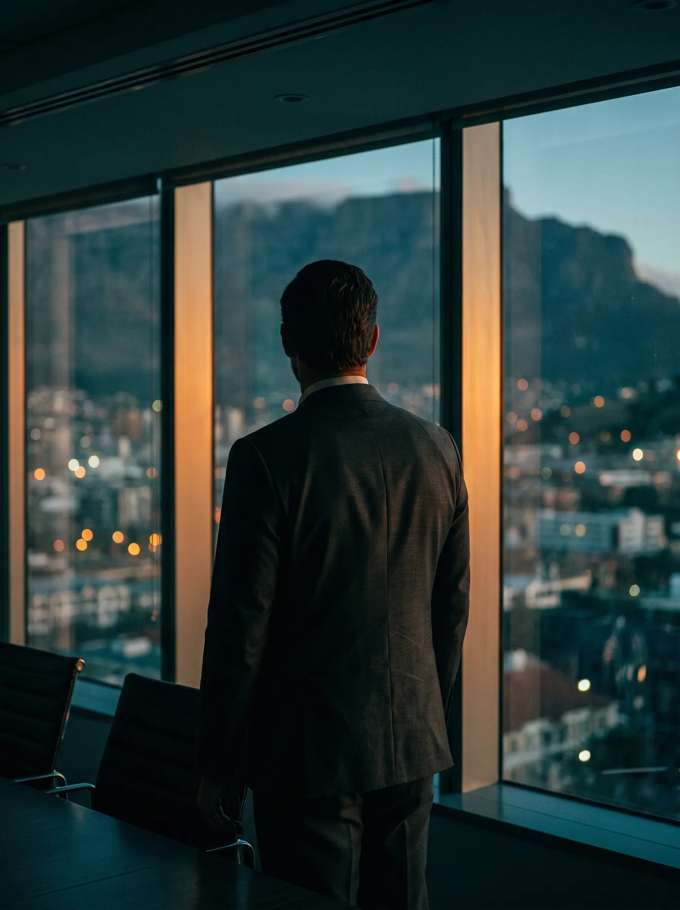 Damian Michael in a charcoal suit at a boardroom window overlooking Cape Town at dusk