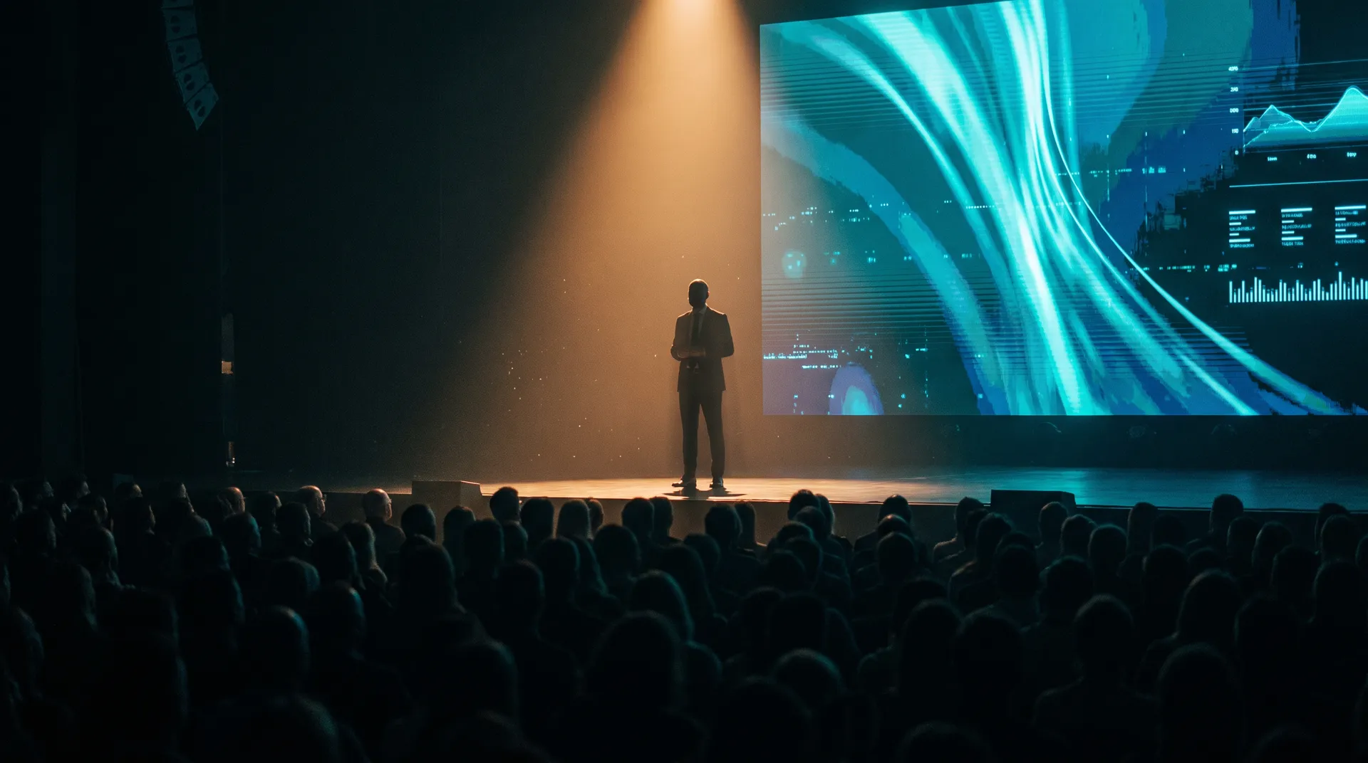 Keynote speaker silhouetted in an amber spotlight on a dark stage