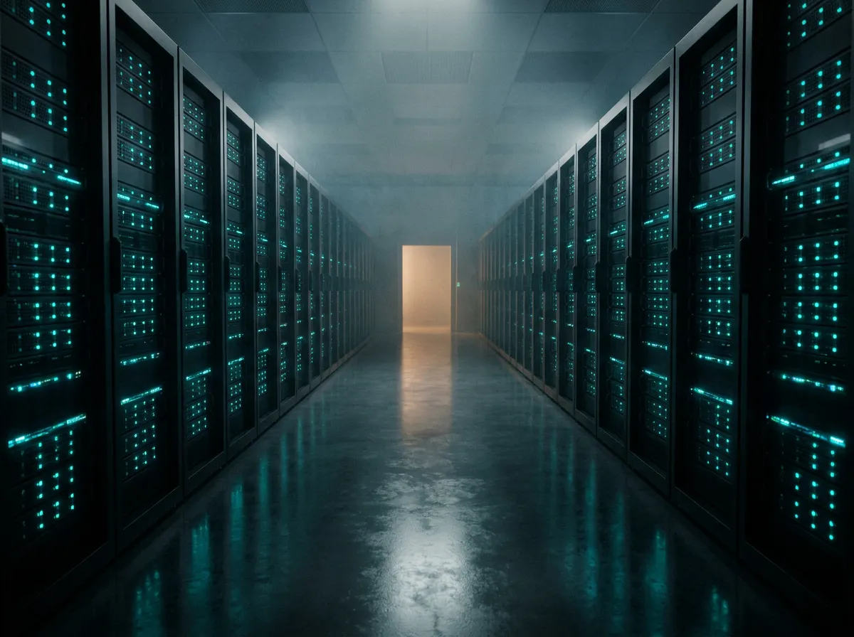 Enterprise cloud data centre corridor with teal server rack lights