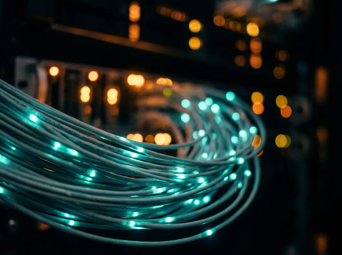 Glowing fibre optic strands in a dark data centre with teal light