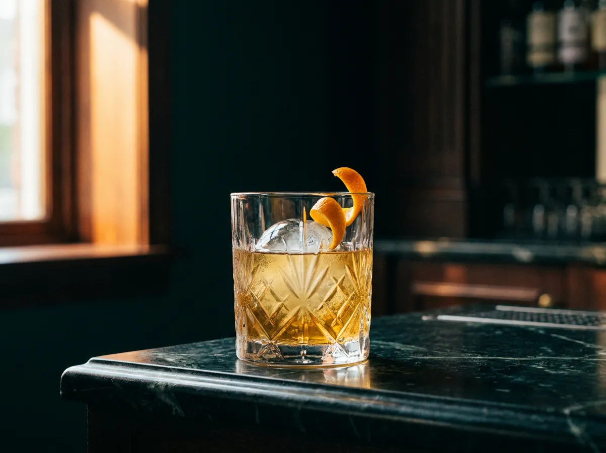 Premium ready-to-drink cocktail in a crystal glass in warm amber bar light