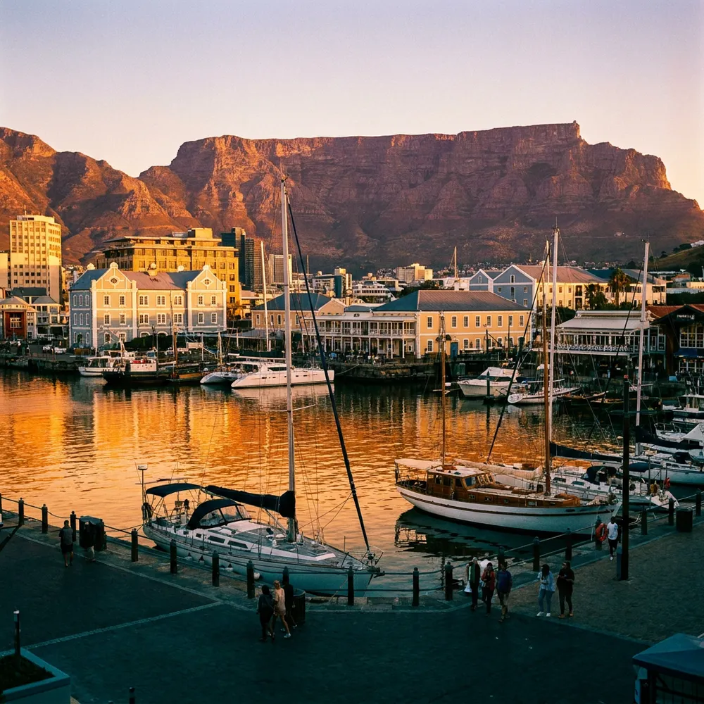 V&A Waterfront harbour at golden hour with Table Mountain behind