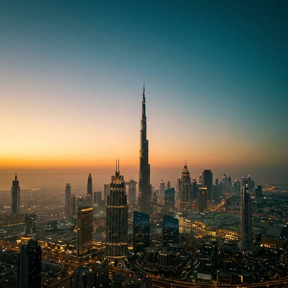 Dubai skyline at dusk rising above desert haze