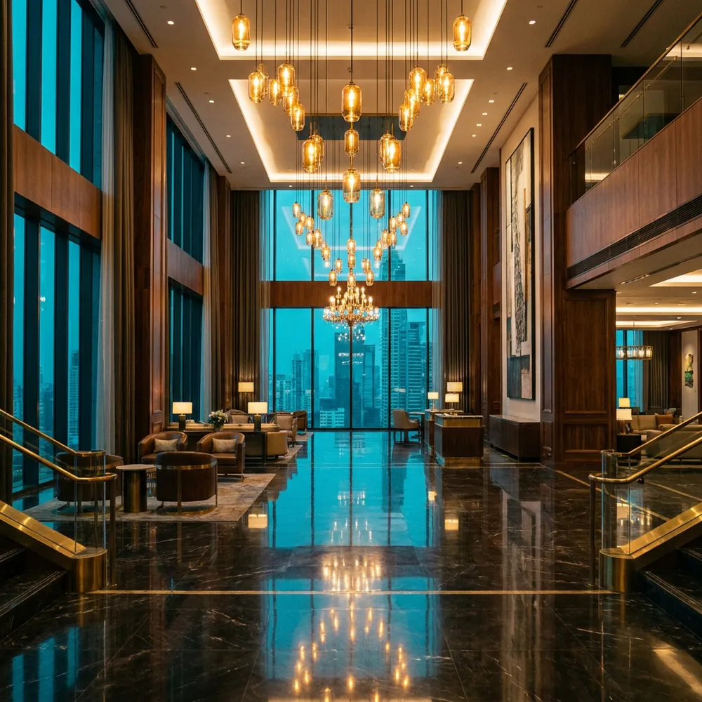 Luxury hotel lobby at night with amber pendant lights and marble floor