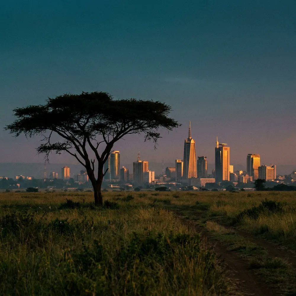 Nairobi skyline at golden hour beyond savanna and an acacia tree