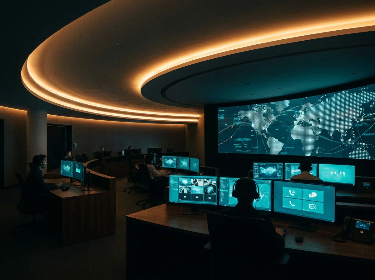 Omni-channel contact centre operations room with teal dashboards at night